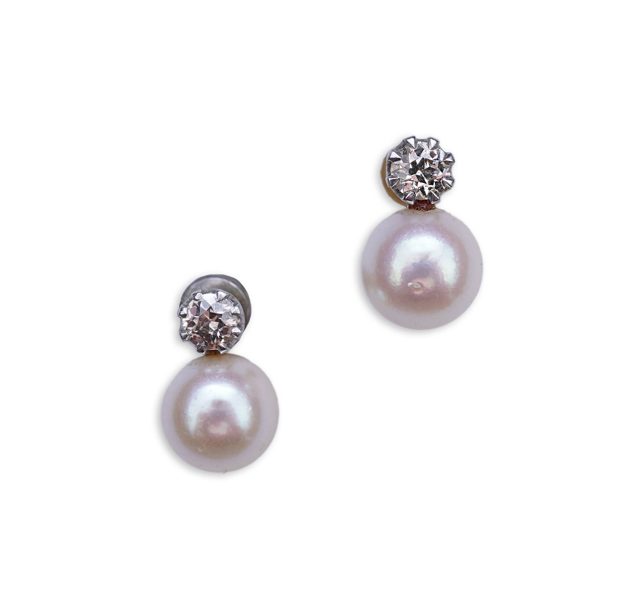 A pair of cultured pearl and diamond earrings